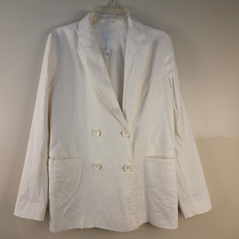 Leith Womens Ivory Linen Blend Double Breasted Blazer Jacket Size Large